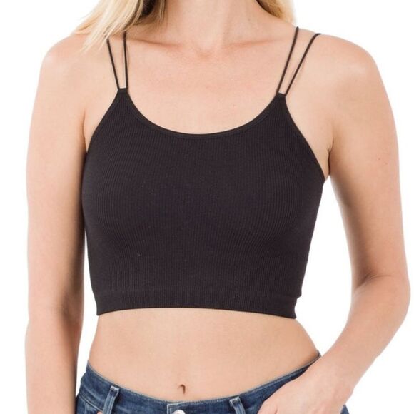 Zenana Size L/XL Ribbed Seamless Brami Black Crop Tank Top - Picture 1 of 6